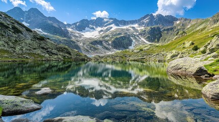 Mountain Lake Reflected in Clear Water with Snowy Peaks