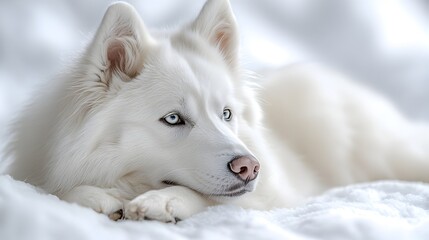 Obraz premium Peaceful,adorable white husky puppy resting and relaxing comfortably in soft,cozy snow at an indoor studio setting. The fluffy canine has a calm.
