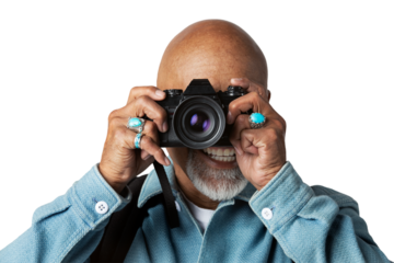 Happy senior man with a digital camera mockup