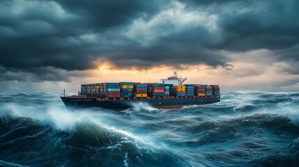 Container ship navigating stormy seas at sunset