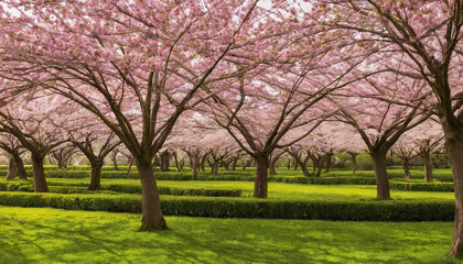 Obraz premium A lush garden adorned with rows of cherry blossom trees, their delicate pink flowers creating a stunning canopy above bright green grass, signaling the arrival of spring
