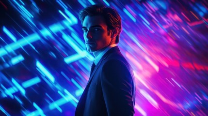 Naklejka premium Man In Suit With Neon Lights
