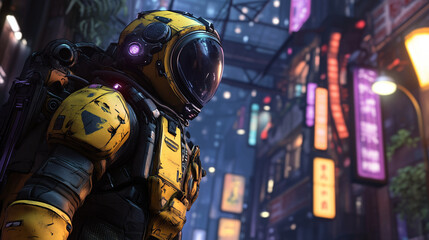 person in overalls in cyberpunk city Generative AI	
