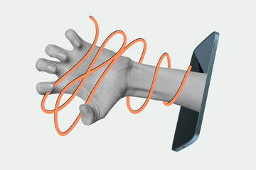 Creative collage picture hand body fragment smartphone digital device gadget addiction virtual network social media drawing background