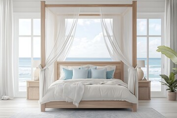 A Coastal-themed Bedroom With Whitewashed Wood Furniture, Soft Blue Accents, Canopy Bed With Light Curtains, View of the Ocean From the Window, 3d Render Real Room Template, Wall Mockup