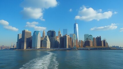 Fototapeta premium New York City skyline with skyscrapers and waterfront under a blue sky with clouds, Generative Ai