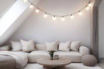 A Cozy Attic Living Room With Slanted Ceilings, a Comfortable Low-profile Sofa, a Round Wooden Coffee Table, and String Lights Hanging Above for a Warm, 3d Render Real Room Template, Wall Mockup