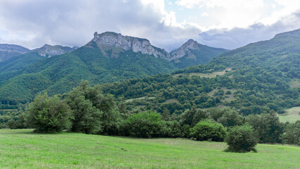 Fototapeta premium Serene mountain landscape on a cloudy day with green meadows and high rocky peaks in the background 