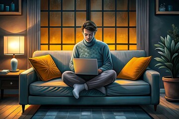 Man working remotely with focused mood on comfortable couch against evening window background