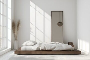 A Minimalist Bedroom With a Low Platform Bed, a Monochrome Color Scheme, 3d Render Real Room Template, Wall Mockup