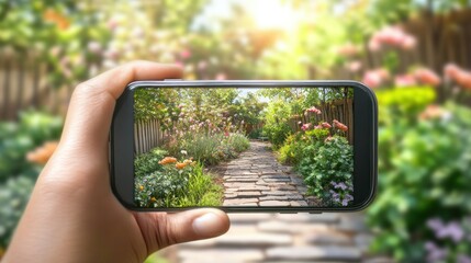 Hand Holding Smartphone Capturing a Stone Path in a Flower Garden