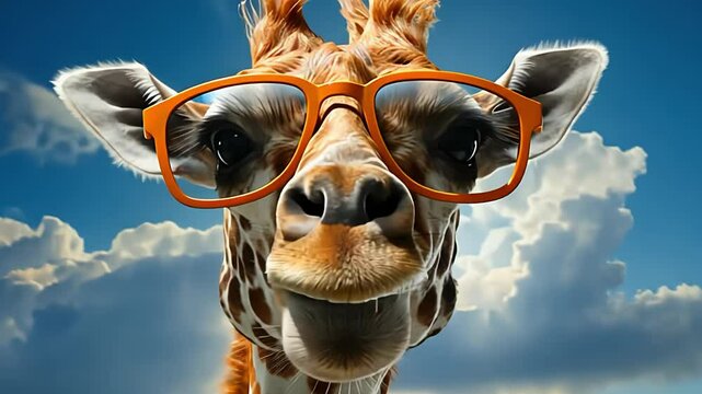 Funny fashion portrait of a giraffe with sunglasses. Created with Generative AI.
