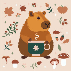 Capybara Autumn Cozy Vector Illustration. A charming illustration of a cute capybara holding a steaming cup, surrounded by autumn-themed elements such as leaves, acorns, mushrooms, and berries