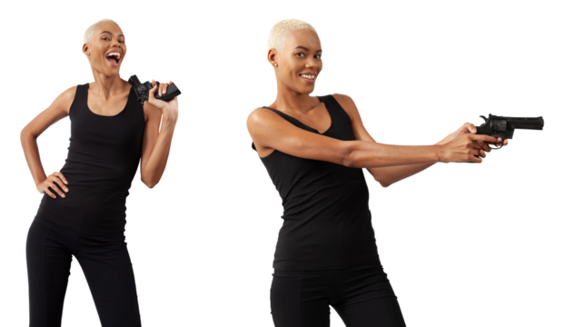 smiling African woman with gun aiming and shooting, dressed in black laughing looking at camera isolated on white background