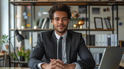 Fototapeta premium A businessman in a suit and tie sits at a desk with a laptop. Concept of business, office, technology, executive, corporate, powerful, workplace, professional, successful, company