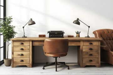 A Rustic Home Office With a Large Wooden Desk, a Vintage Typewriter as Decor, an Old Leather Armchair, and Warm Lighting From a Desk Lamp, 3d Render Real Room Template, Wall Mockup