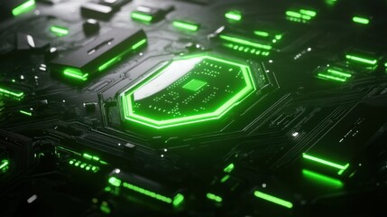 Green illuminated circuit board with a central processor