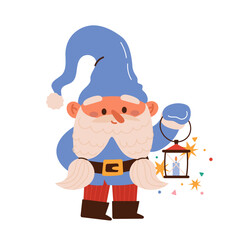 Cute Christmas gnome with a lantern in hand. Happy childish xmas dwarf with flashlight. Flat vector cartoon illustration of joyous santa helper isolated on white
