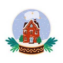 Snow globe with house and Christmas trees. Outside cozy home in winter with Xmas lights, fir trees, garland and smoke from chimney. Flat vector illustration isolated on white
