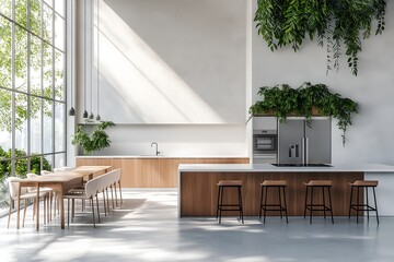 Fototapeta premium A Spacious Open-concept Kitchen With a Large Island Featuring a Waterfall Countertop, Dining Area With a Minimalist Wooden Table and Chairs, 3d Render Real Room Template, Wall Mockup