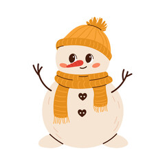 Cute snowman illustration in children's style on New Year's theme. Cute snowman in a hat and scarf. Christmas Flat vector illustration isolated on white background