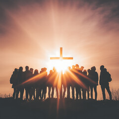 Group of People Gathered Around a Cross at Sunset, Symbolizing Faith, Unity, and Spiritual Devotion