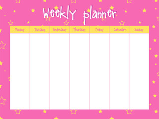 Weekly planner. Blank template with stars decorative background.