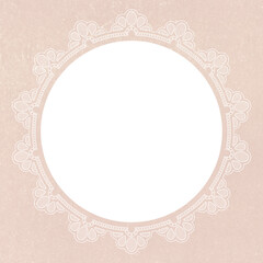 Vintage lace frame, white doily on beige background