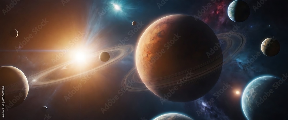 Wall mural a ringed planet dominates the center, surrounded by smaller planets and a distant star. nebulae and 