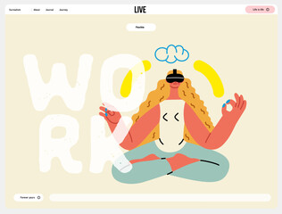 Creative workspace, modern flat vector concept illustration of a woman working sitting meditating with a computer Remote work, flexibility, independence, efficiency, mobility, synergy, freedom