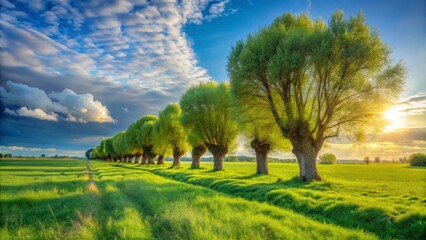 Obraz premium Experience the serene beauty of Krpiec, Pomorskie Province, Poland, where picturesque willow trees grace a tranquil rural landscape, perfect for exquisite scenic photography.