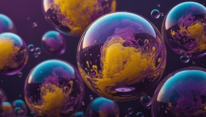 Naklejka premium Artistic Cluster of Yellow, Blue, and Purple Soap Bubbles in Symmetrical Arrangement