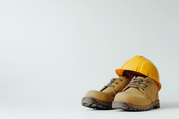 Construction Boots and Hard Hat Arranged on White Background Symbolizing Safety and Work
