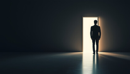 Obraz premium Silhouette of a Man Standing in a Dark Room with Light Shining Through an Open Door