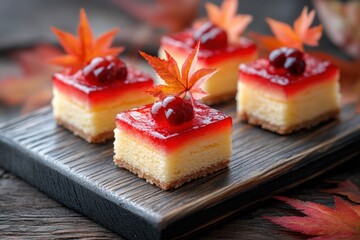 thanksgiving dessert display, thanksgiving-themed mini bento cakes decorated with maple leaves on a rustic wooden table, perfect for your celebration