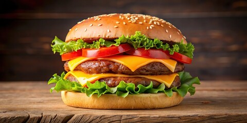 Forced Perspective Juicy hamburger with a double patty cheese and tomatoes, A temptation for gourmets