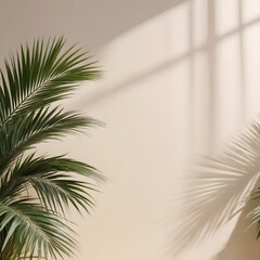 Fototapeta premium Palm leaves on white wall with shadow. 
