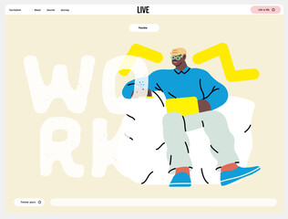 Creative workspace, modern flat vector concept illustration of a man working sitting on the armchair with a computer Remote work, flexibility, independence, efficiency, mobility, synergy, freedom