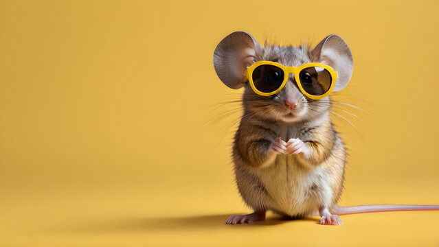 Cute little mouse in sunglasses on a yellow background. Space for text.