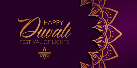 Obraz premium Golden text Happy Diwali, festival of lights and diya lamp on purple background with abstract floral ornament. Elegant festive banner design for hindu festival Diwali.