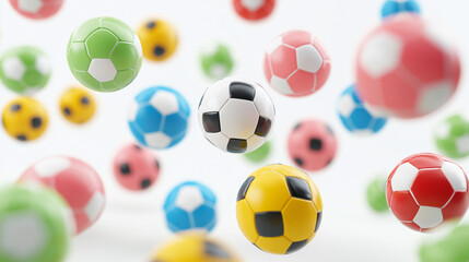 A bunch of colorful soccer balls are flying through the air. The balls are of different colors and sizes, creating a vibrant and lively atmosphere. Concept of fun and excitement