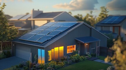 Obraz premium Modern House with Solar Panels on the Roof at Dusk