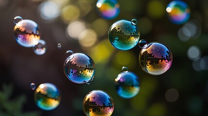 close-up of several iridescent soap bubbles floating in mid-air, reflecting a rainbow of colors as they catch the light from the sun.