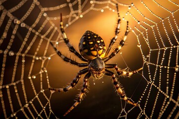 Obraz premium Show a close-up of a spider delicately weaving its web in the early morning light, with dew glistening on the strands. 