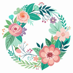 Floral Frame with Colorful Flowers and Leaves in a Circular Design