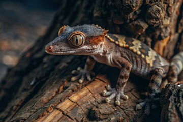 Naklejka premium Photograph a leaf-tailed gecko perfectly blending into its surroundings on a tree trunk, showcasing its remarkable adaptation. 