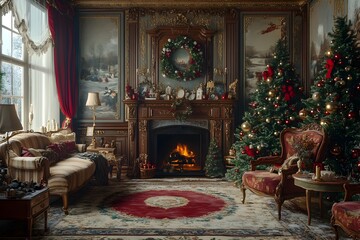 Cozy Vintage Style Living Room with Festive Holiday Decor and Elegant Furnishings