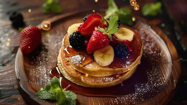 fluffy pancakes with banana, strawberry, and blackberry on top