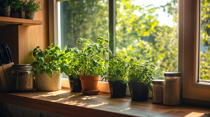 Fototapeta premium Fresh herbs growing on a sunny kitchen windowsill