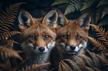 Fototapeta premium Photograph a pair of foxes peeking out from behind ferns, their fur blending with the earthy tones of the forest. 